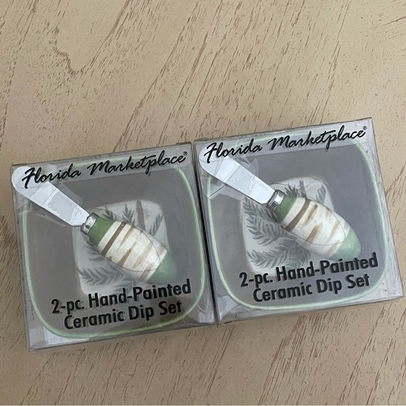 Palm tree ceramic dip set. Set of two. Florida Marketplace bowl and spreader - Picture 1 of 10